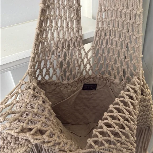 La Regale Tan Macrame Shoulder Bag with Fringe Detail - Picture 9 of 12